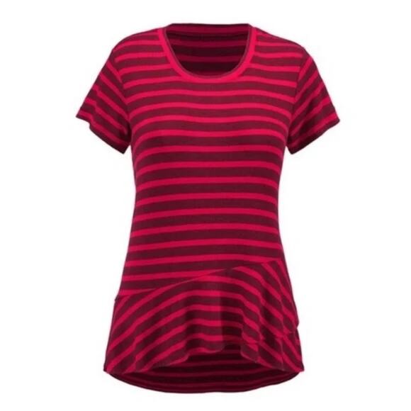 Cabi Sweet Talk maroon red striped ruffle hem jersey knit top Small #3631 - Picture 14 of 14